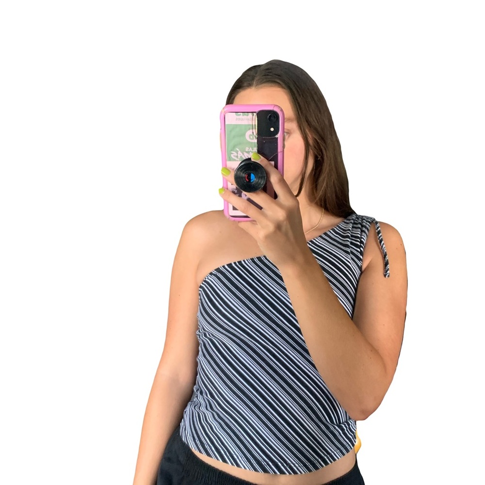 Old Navy Blue and White Asymmetrical Tie Front Tank Top